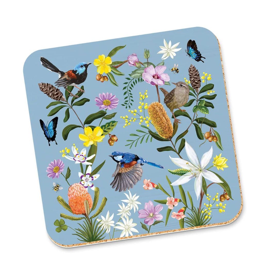 Sous-verre en liège – Oiseaux et fleurs sauvages